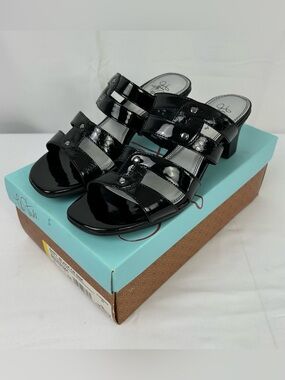 Life Stride Glossy Black Sandal Open Toe 2.5” Heel Size 8